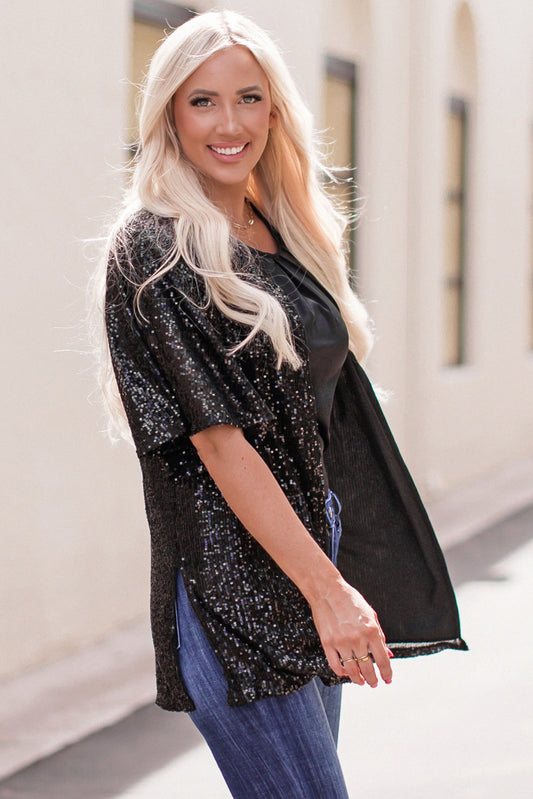 Luster Sequin Half Sleeves Draped Open Front Top