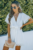 Applique Lace Trim V-Neck Drawstring Romper