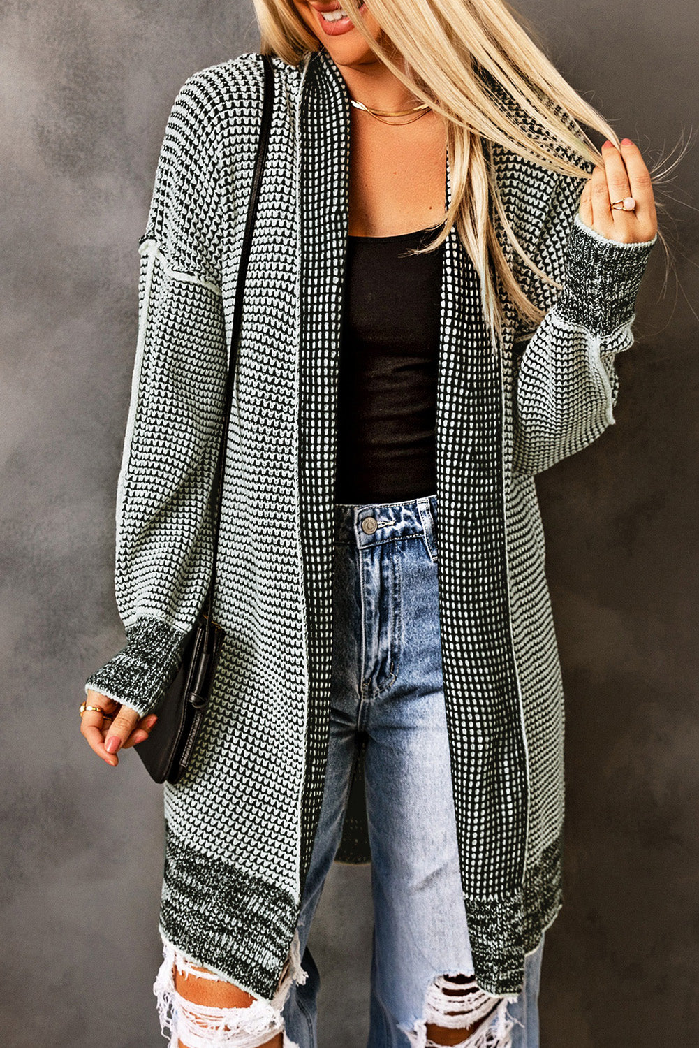 Gray Textured Knit Pocketed Duster Cardigan