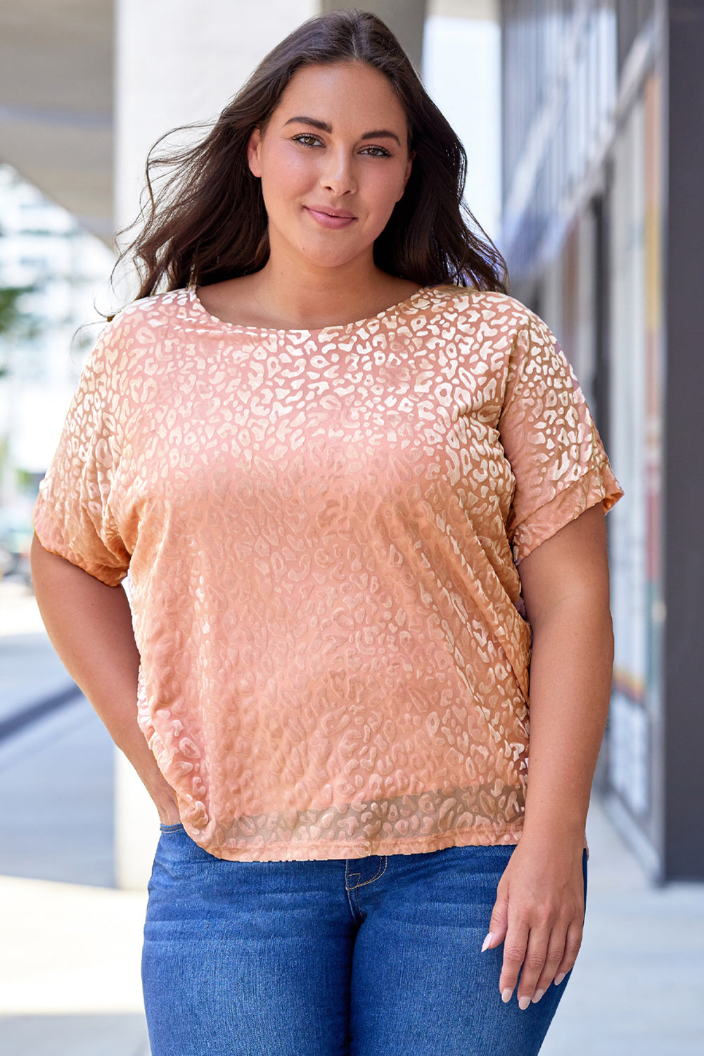 Rose T-shirt Léopard Pailleté Ombre de Grande Taille