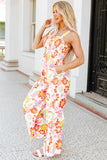 Multicolor Floral Print Shirred Sleeveless Wide Leg Jumpsuit