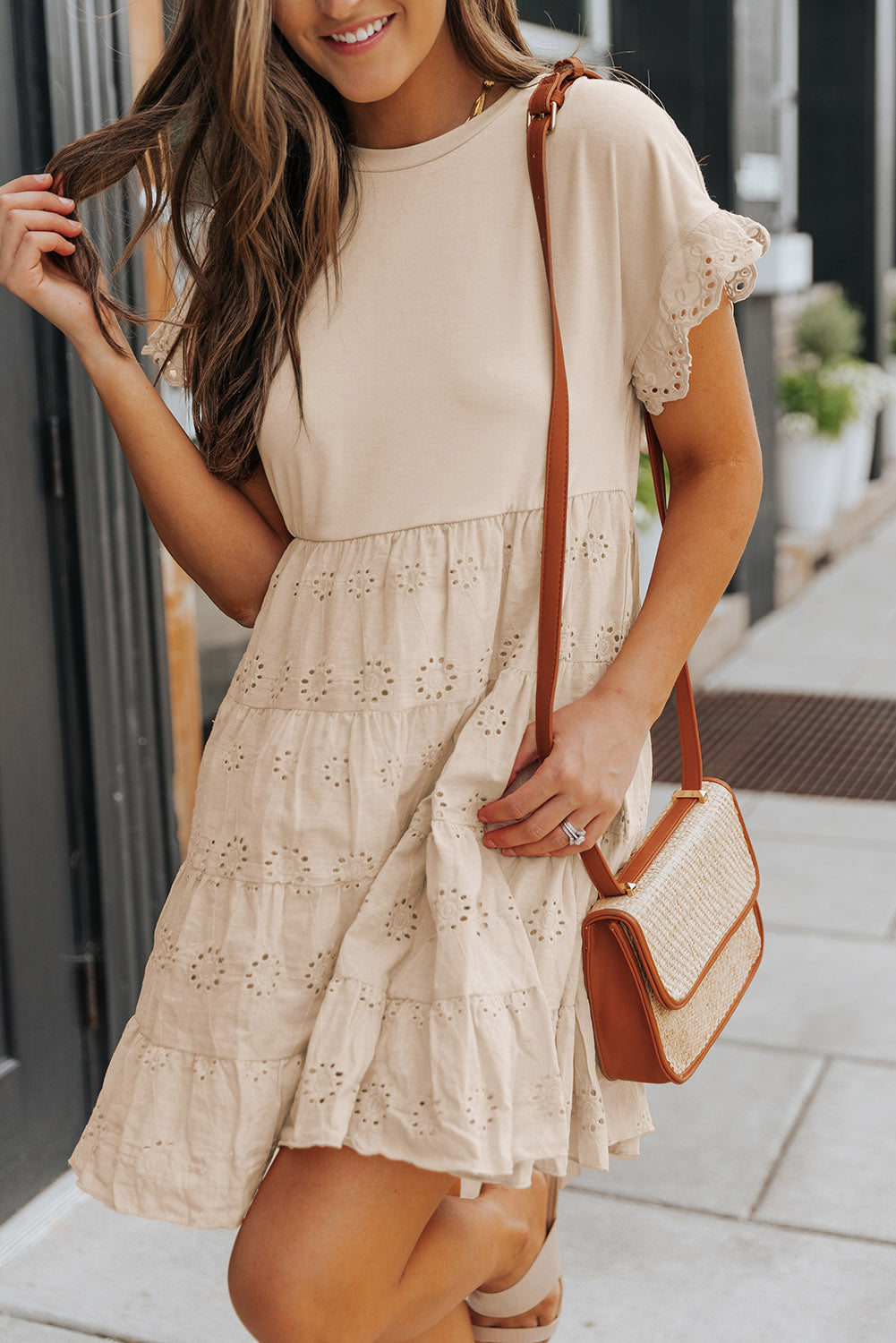 Eyelet Pattern Tiered Short Dress