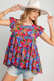 Haut babydoll multicolore à manches courtes et volants à imprimé floral