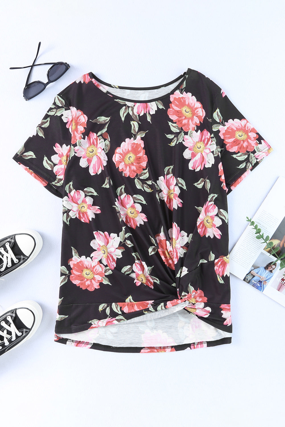 Plus Size Floral Print Twist Knot Top