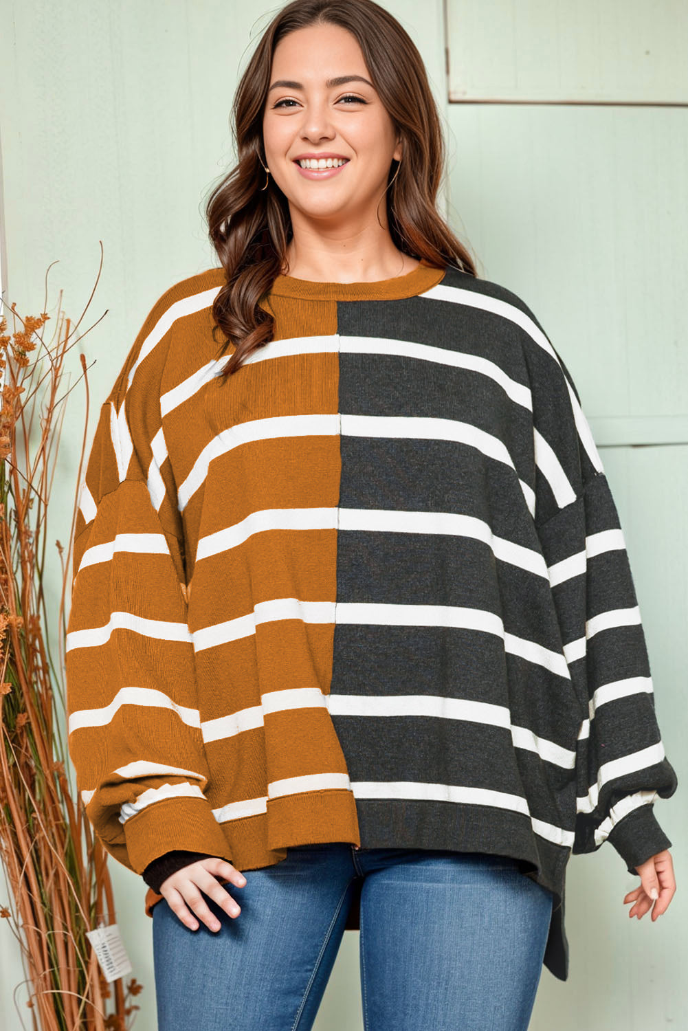 Stripe Oversized Contrast Printed Dropped Shoulder Top