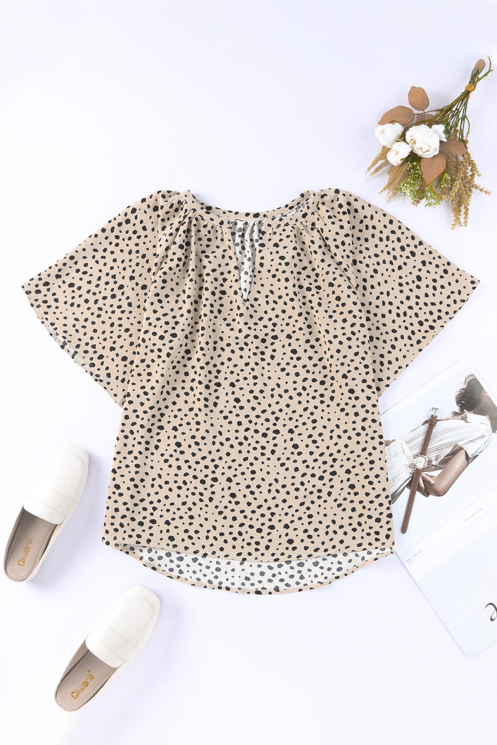 Notch V Neck Wide Sleeve Blouse