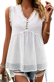 Swiss Dot Button Frilled V Neck Sleeveless Top