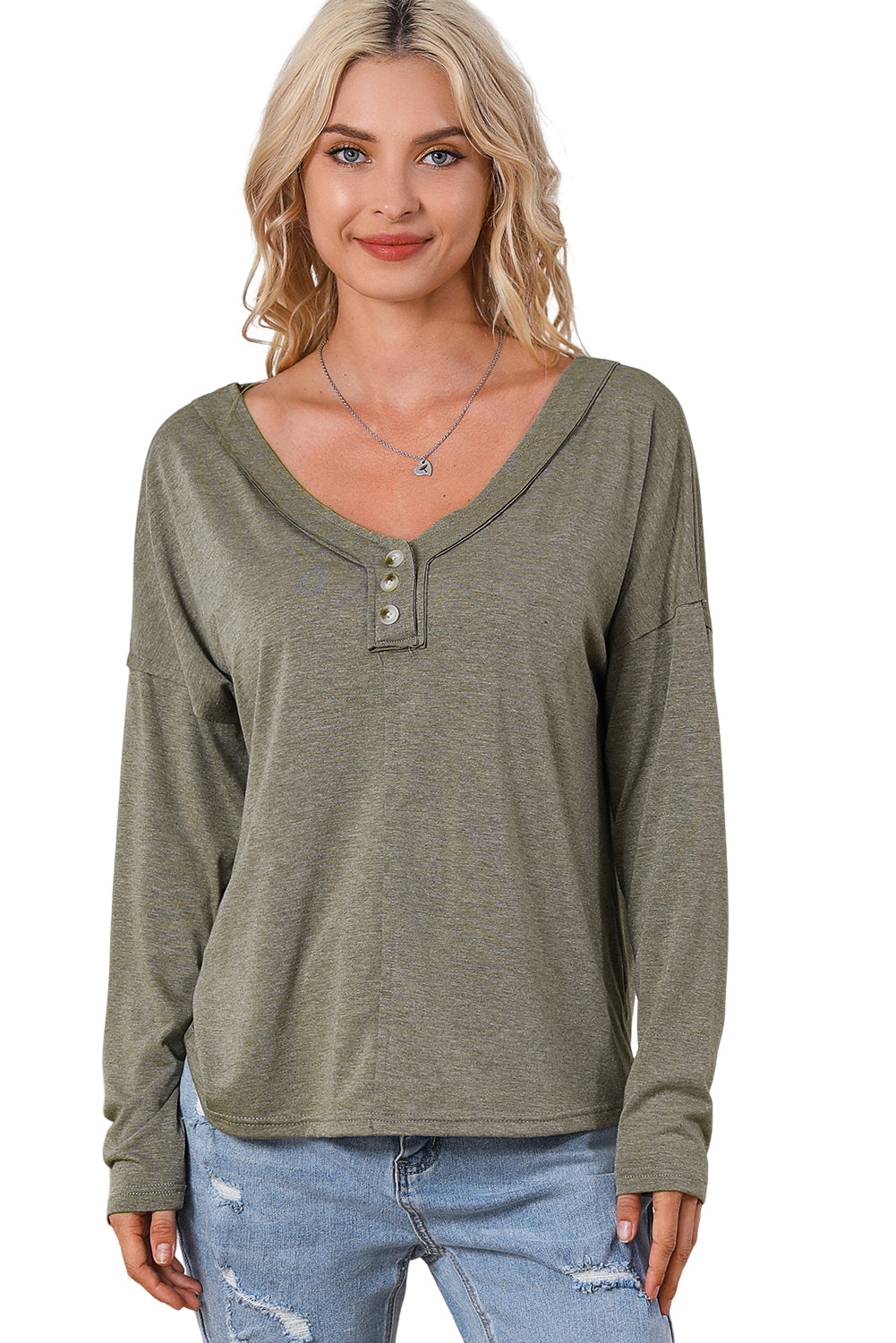 Long Sleeve V-Neck Stitching Henley Top