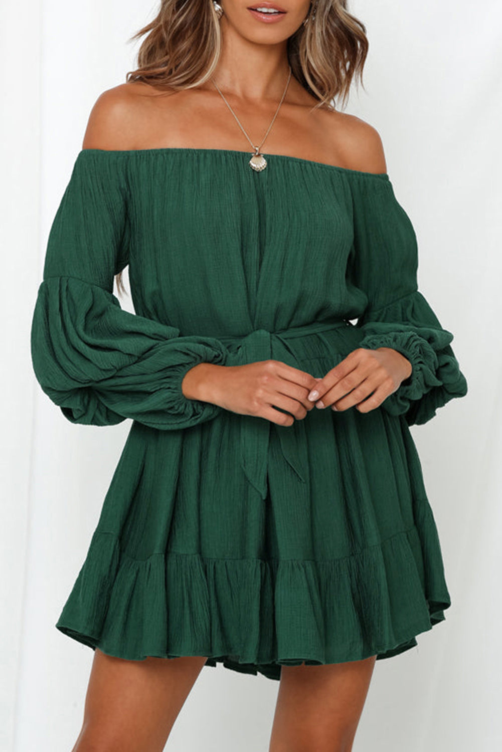 Off-Shoulder Tiered Bubble Sleeve Ruffled Dress