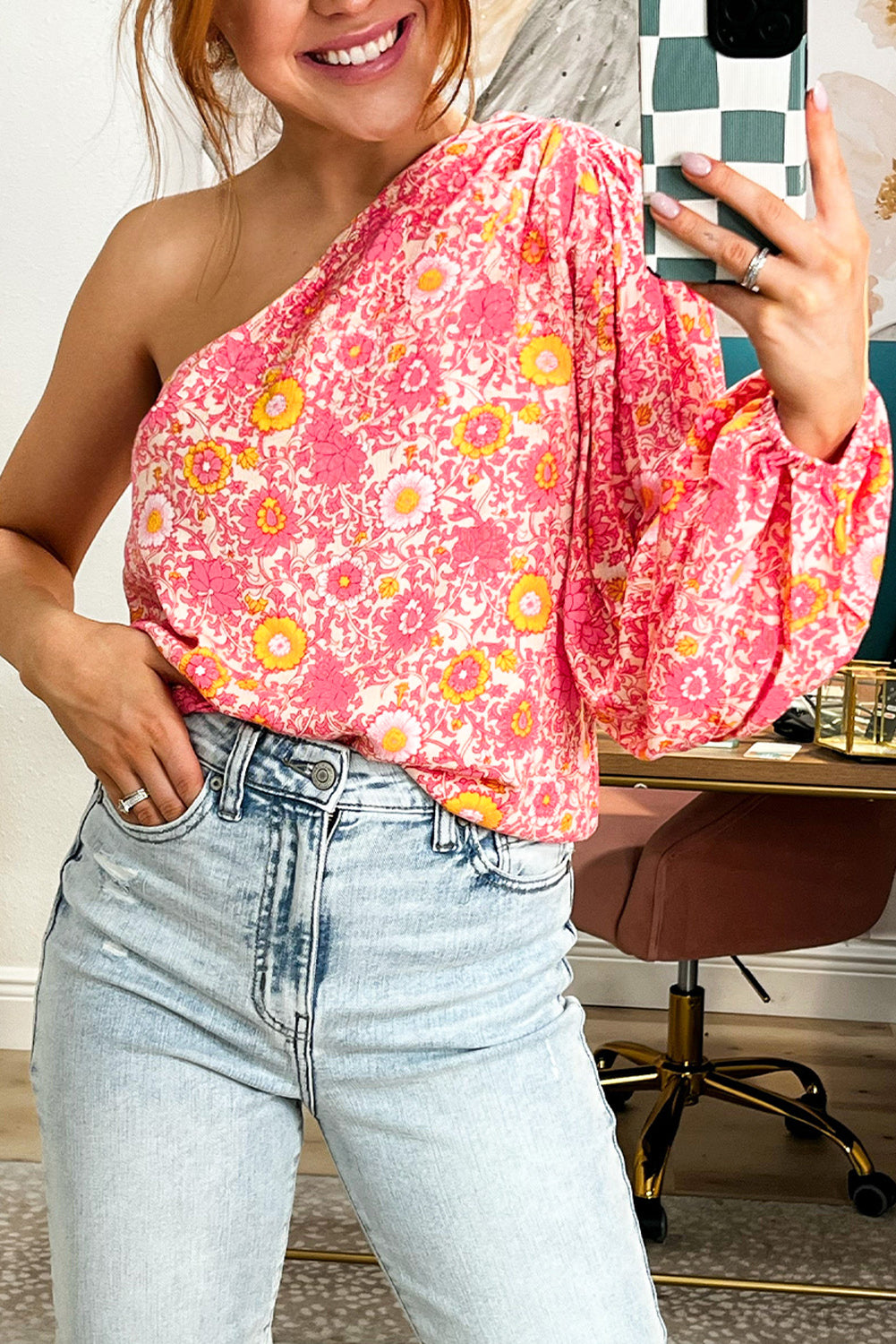 Floral One Shoulder Pleated Bubble Sleeve Blouse