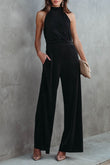 Button Halter Neck Keyhole Back Ribbed Jumpsuit