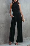 Button Halter Neck Keyhole Back Ribbed Jumpsuit