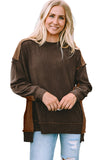 Brown Exposed Seam Patchwork Ribbed Knit Oversized Top