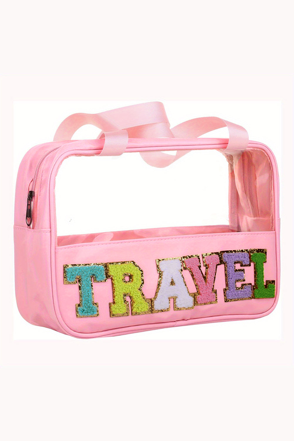 Trousse de maquillage en PVC transparent avec lettre chenille TRAVEL rose clair