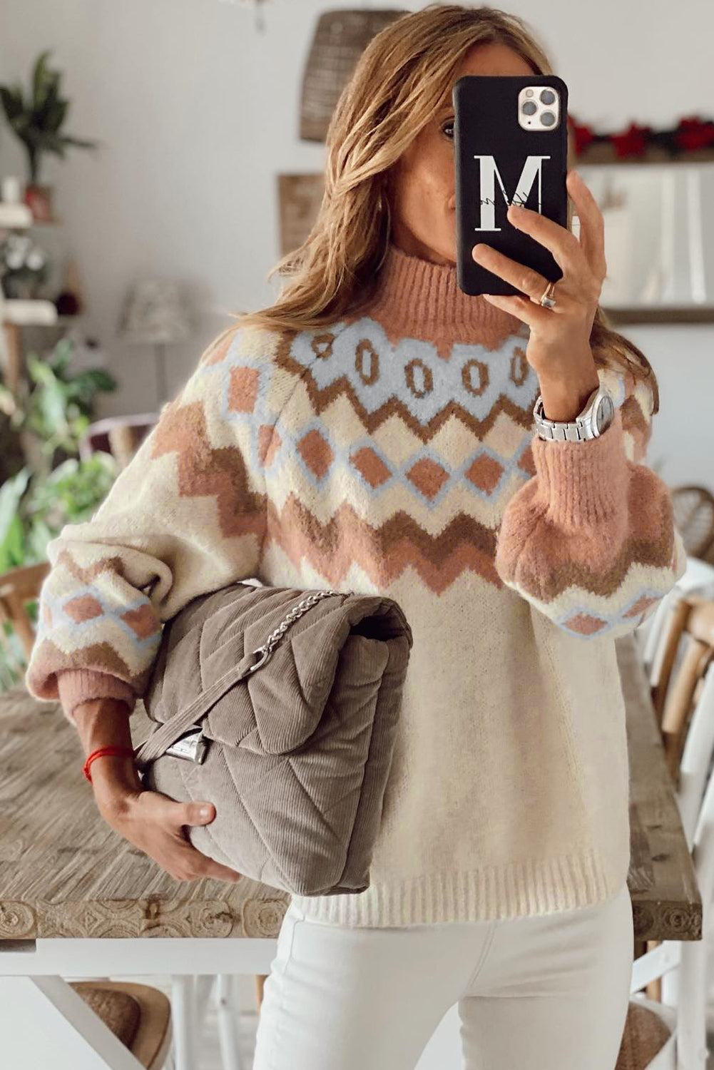 Geometric Pattern Ribbed Trim High Neck Sweater