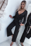 Sequin Fringes V Neck Long Sleeve Jumpsuit