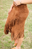 Fringe Asymmetric Wrap Suede Midi Skirt