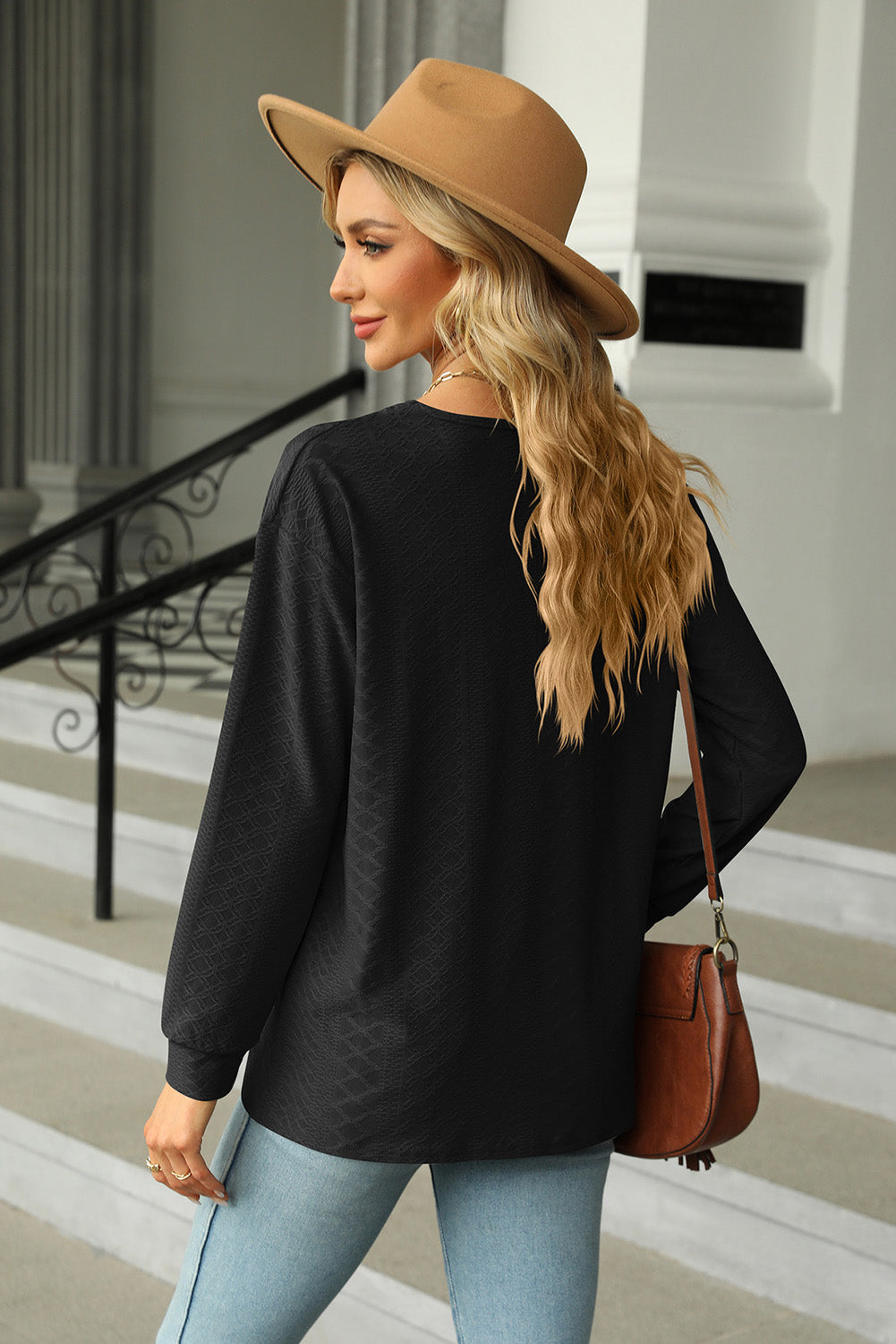 Pleated V Neck Jacquard Long Sleeve Top