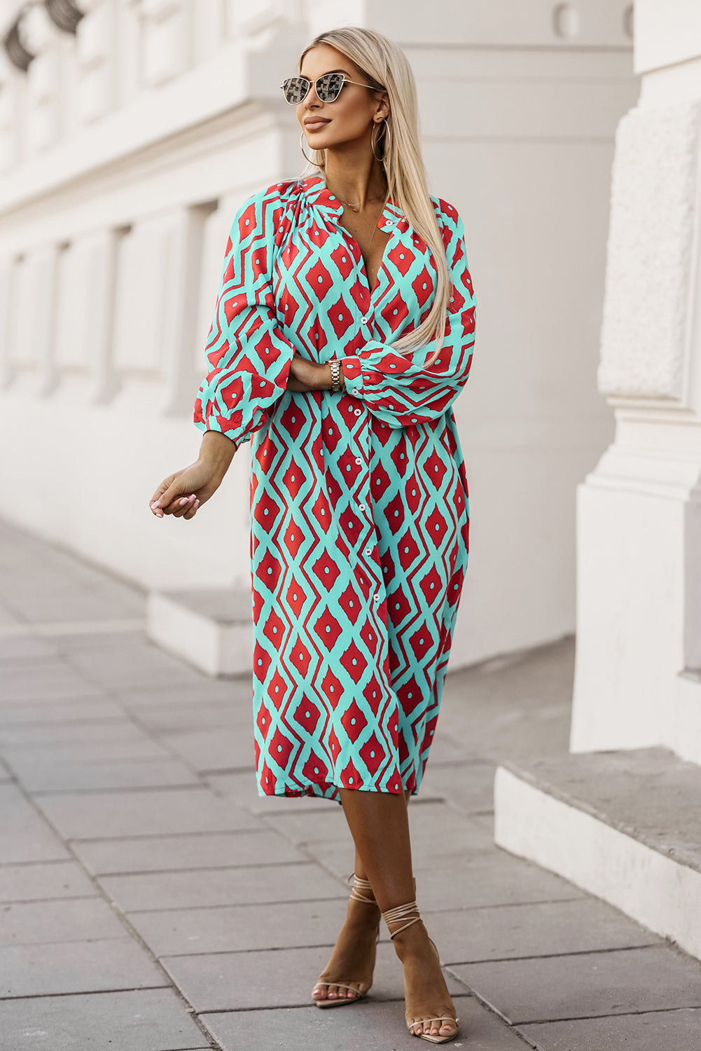 Western Geometric Print Split Buttoned Shirt Dress