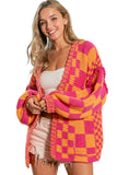 Open Front Mixed Checkered Pattern Knit Cardigan