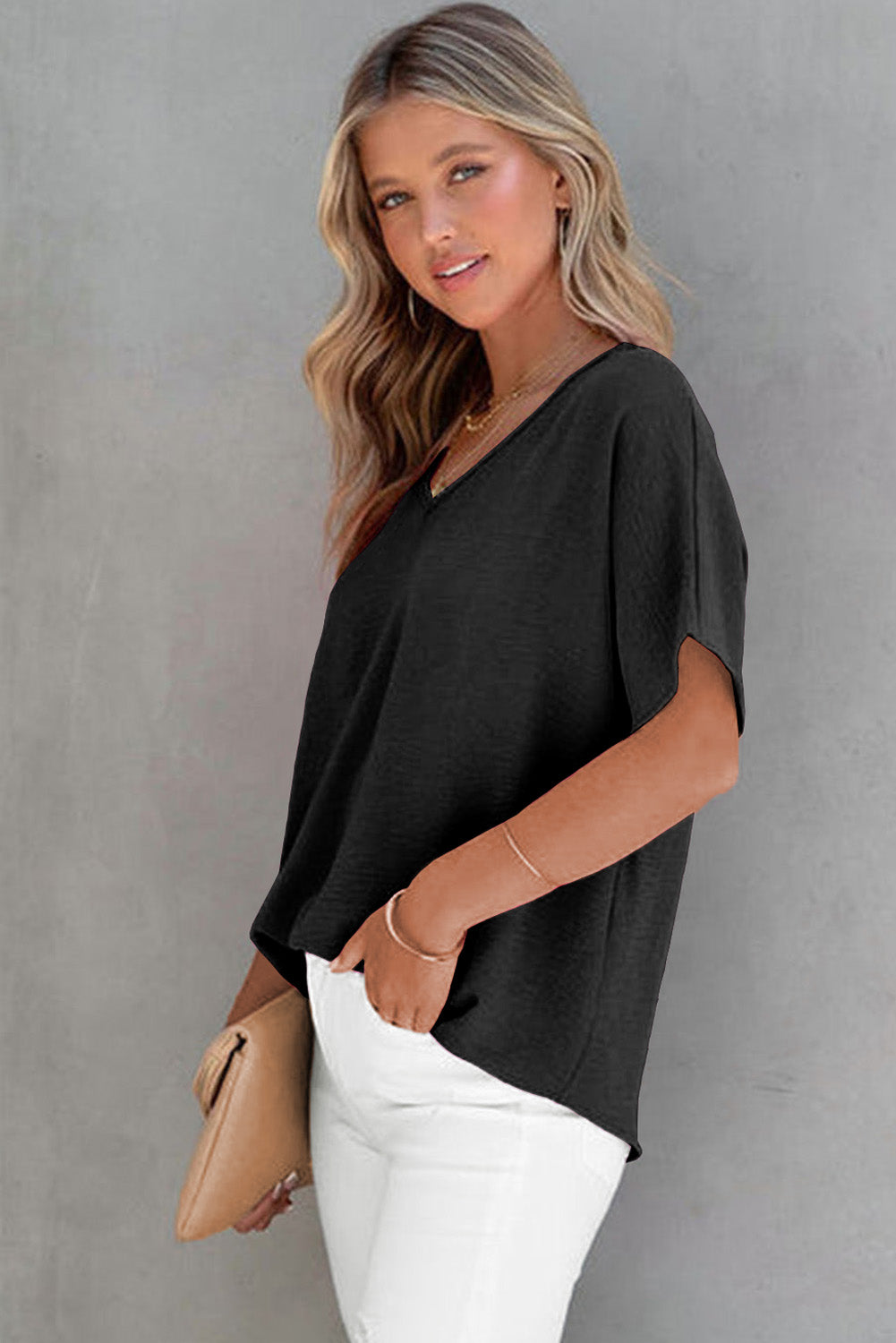 Solid V Neck Short Sleeve Blouse