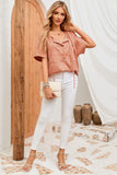 Notched V Neck Buttoned Front Textured Loose Top