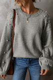 Smoke Gray Pearled Drop Shoulder Round Neck Sweater