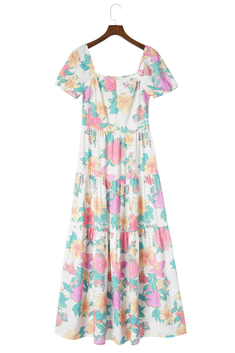 Robe longue multicolore à fleurs à plusieurs niveaux, col carré, manches bouffantes