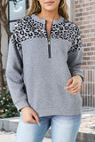 Leopard Splicing Drop Shoulder Zipped Sweatshirt