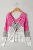 Color Block Eyelet Long Sleeve Twisted Back Knit Top