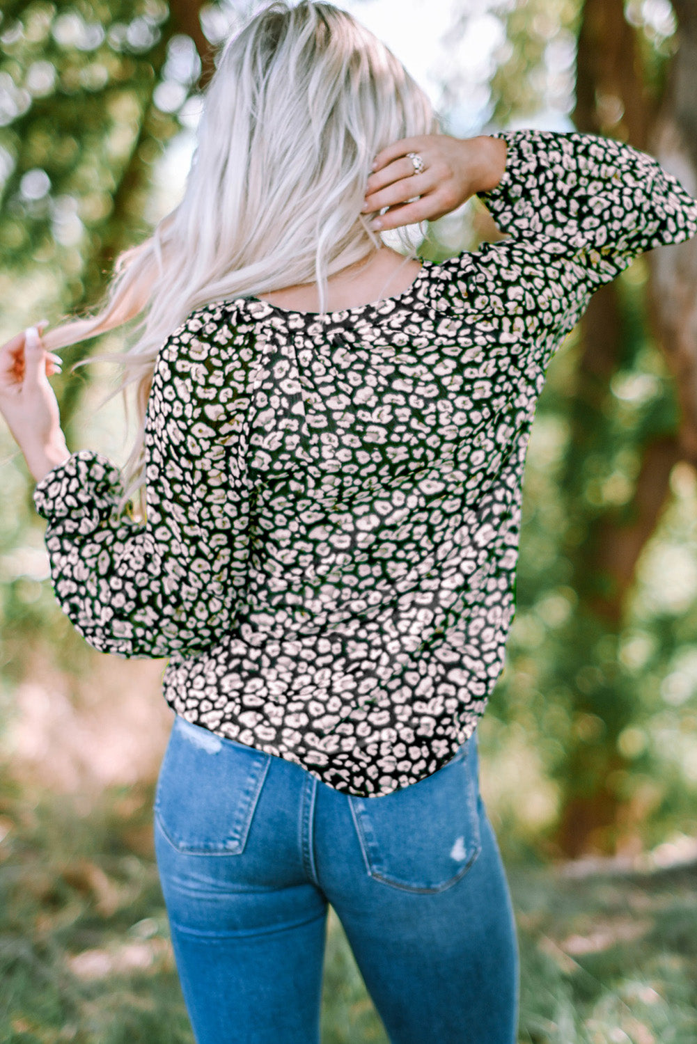 Green Floral Print V Neck Long Puff Sleeve Top