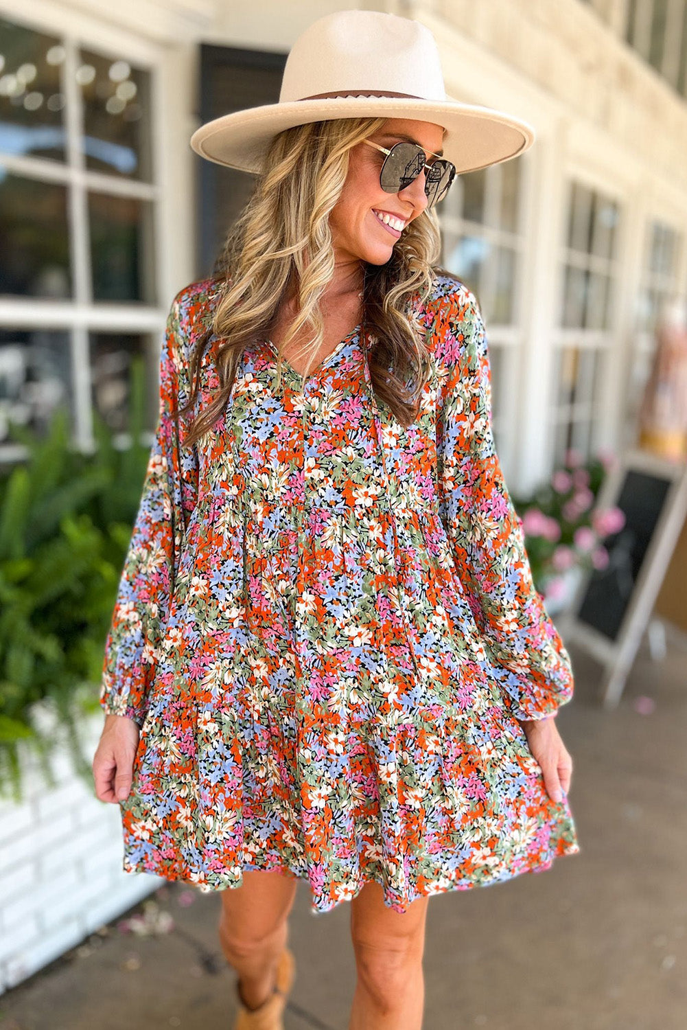 Floral Neck Tie Long Sleeve Flared Dress