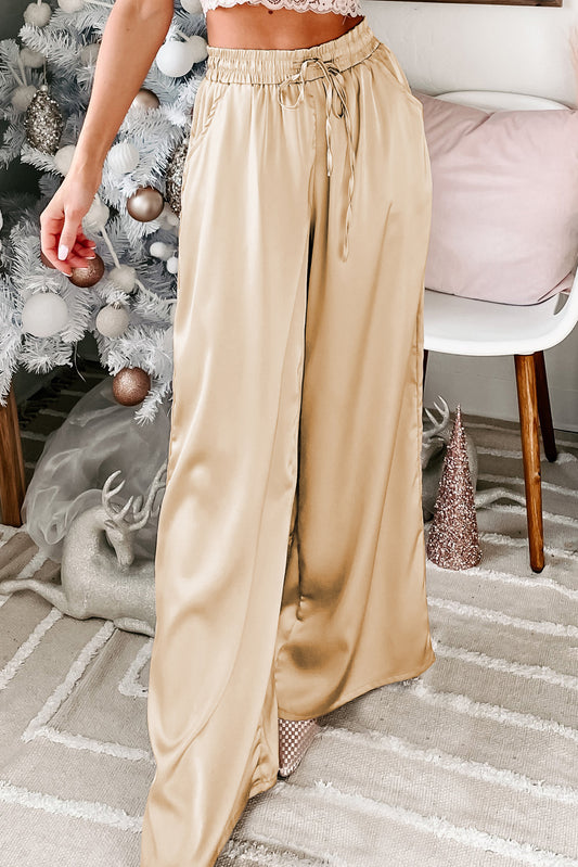 Pockets Drawstring High Waist Wide Leg Pants