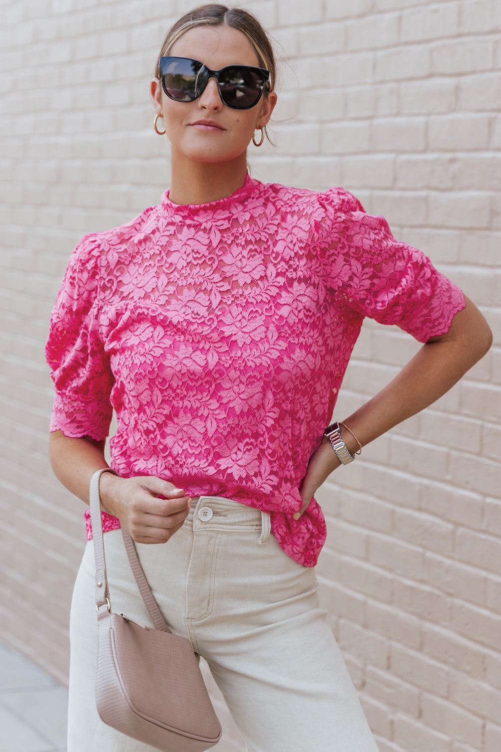 High Neck Lace Short Sleeve Top