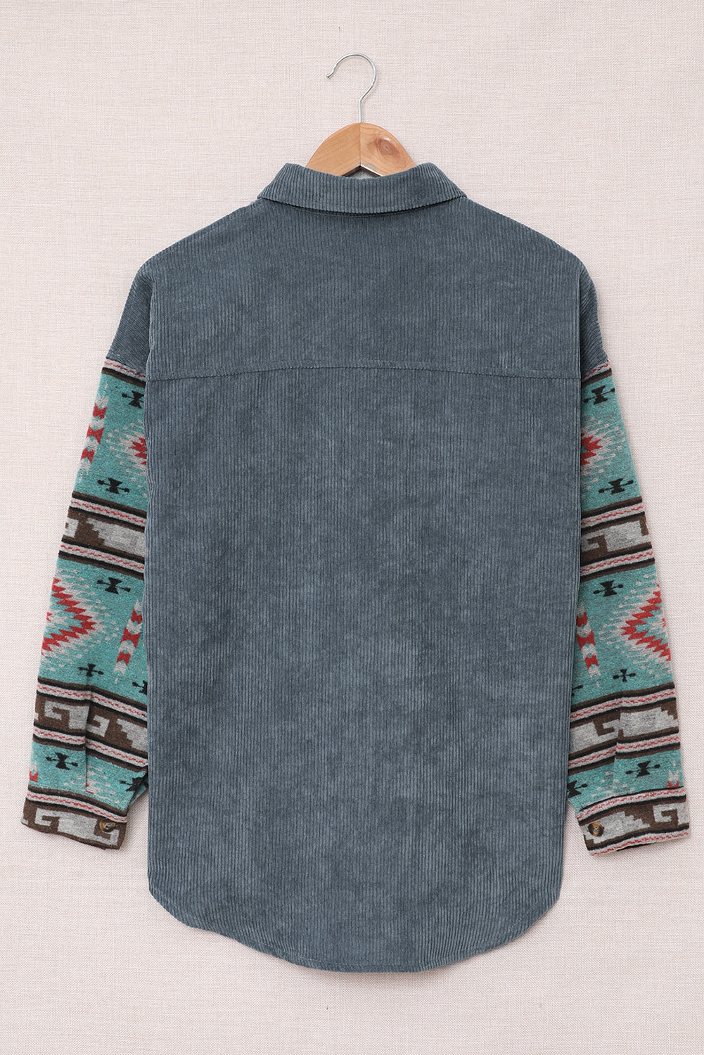 Aztec Pattern Sleeve Pocketed Corduroy Shacket