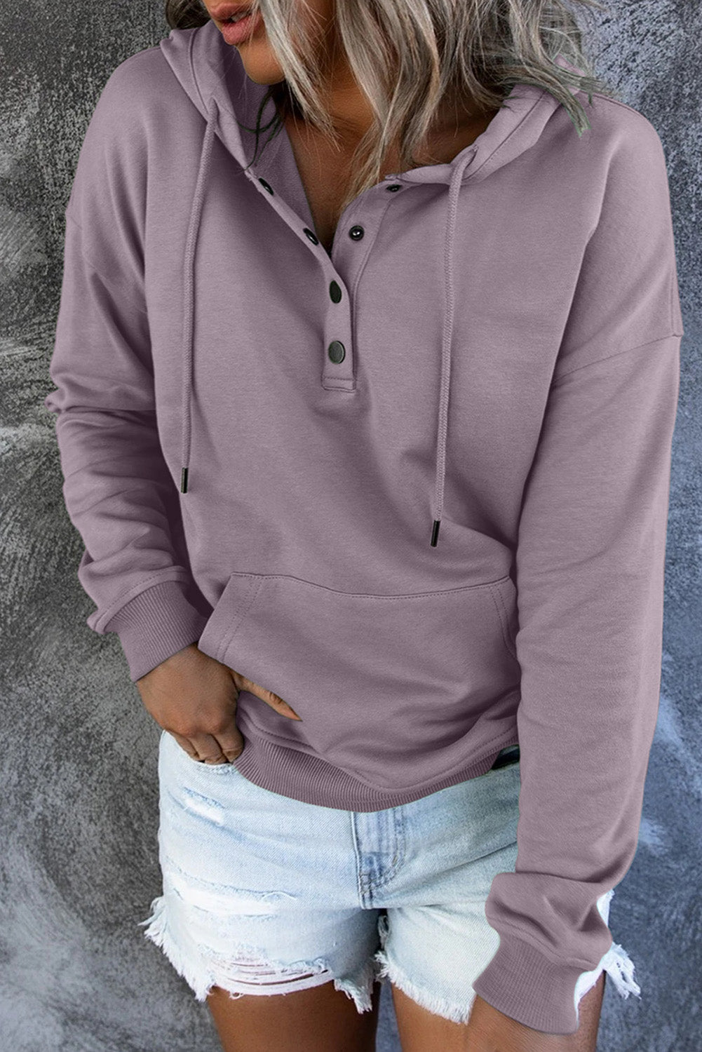 Snap Button Pullover Hoodie with Pocket