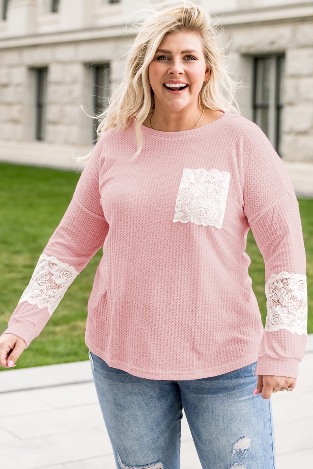 Lace Patchwork Waffle Knit Plus Size Blouse