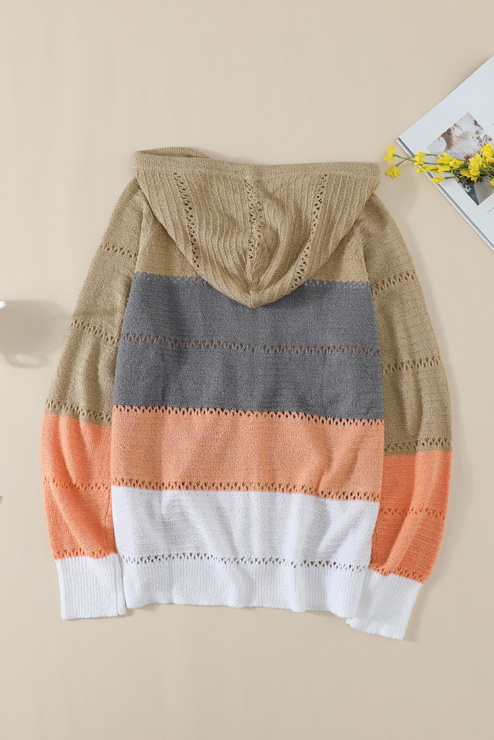 Zipped Front Colorblock Hollow-out Knit Hoodie