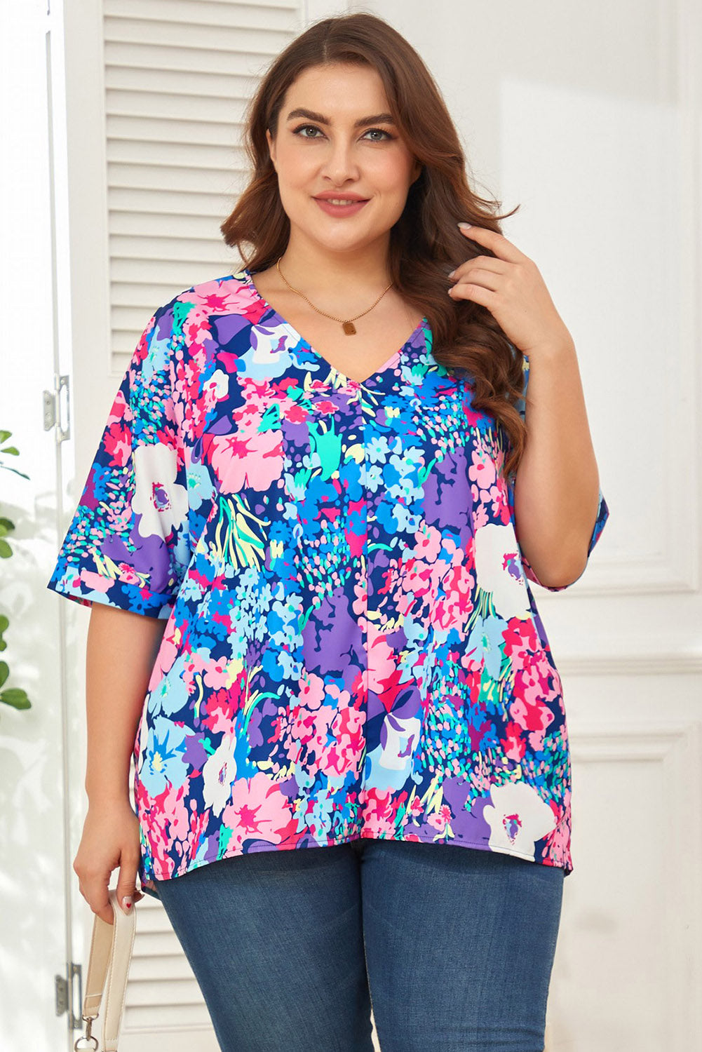 Chemisier Floral Bleu Ciel à Col en V et Manches Dolman Grande Taille