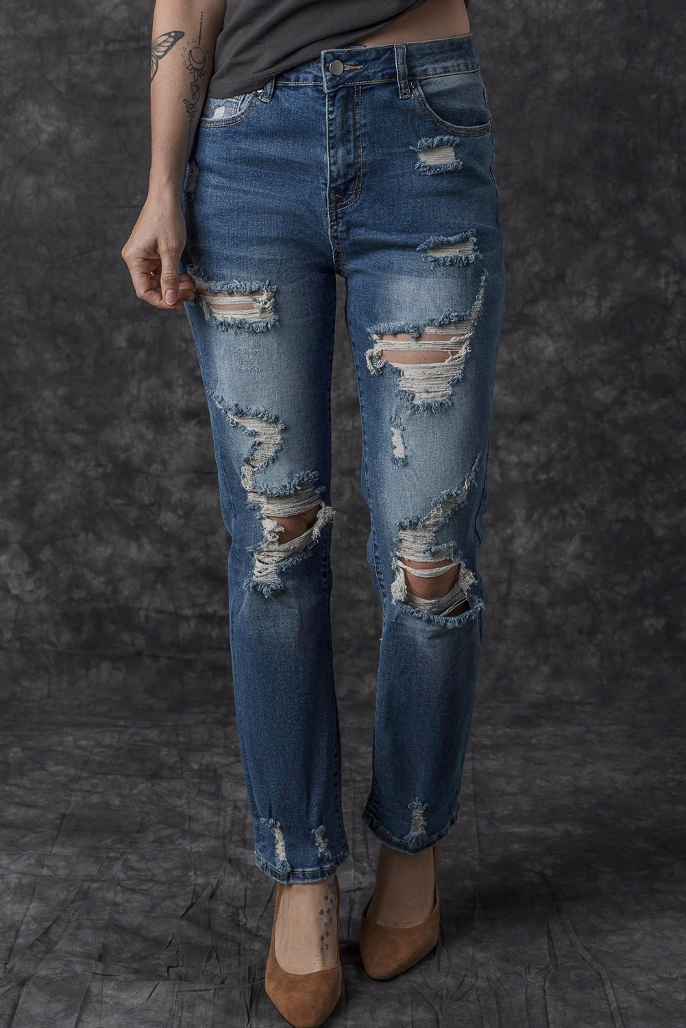 Jean boyfriend déchiré bleu vintage effet vieilli