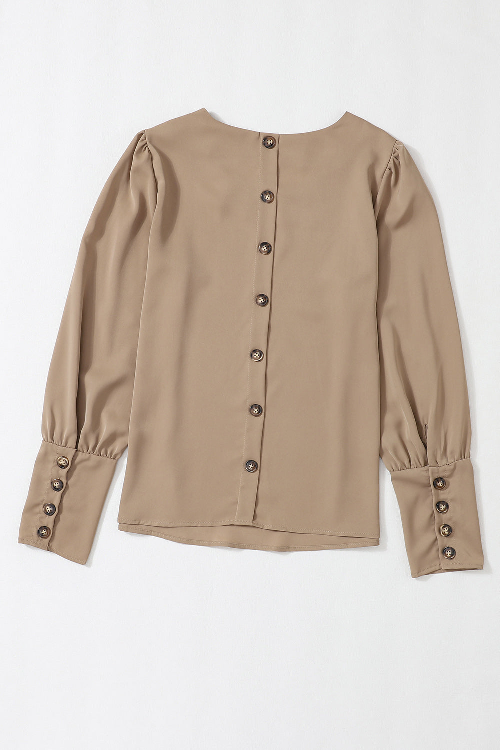 Brown Plain Button Back Cuffed Puff Sleeve Blouse