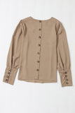 Brown Plain Button Back Cuffed Puff Sleeve Blouse