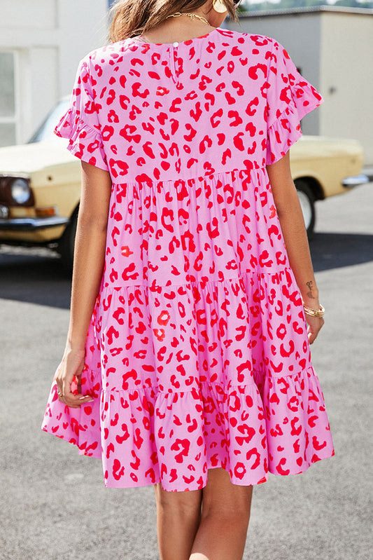 Leopard Print Ruffle Short Sleeve Tiered Dress