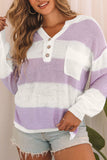 Striped Knit Button Ribbed Split Neck Sweater