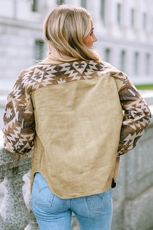 Khaki Aztec Print Patchwork Frayed Edge Corduroy Jacket