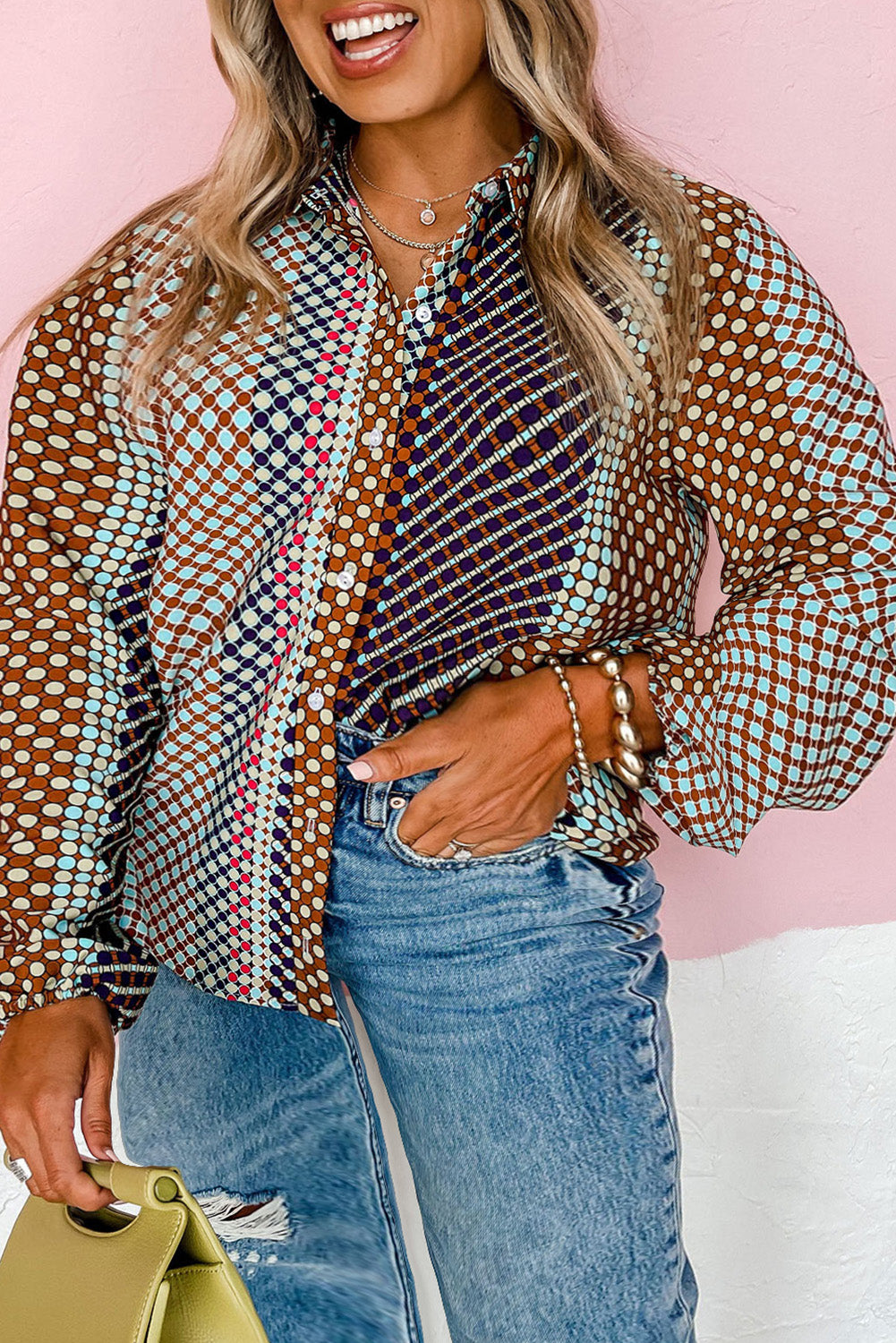 Dot Print Long Sleeve Button Down Shift Shirt