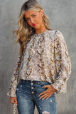 Glitter Snake Grain Pleated Round Neck Blouse