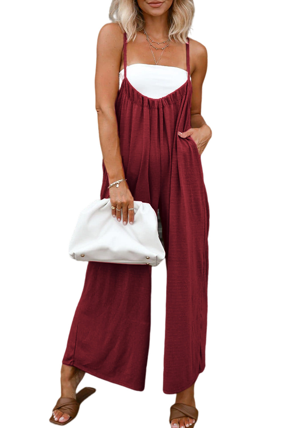 Solid Spaghetti Strap Wide Leg Overall