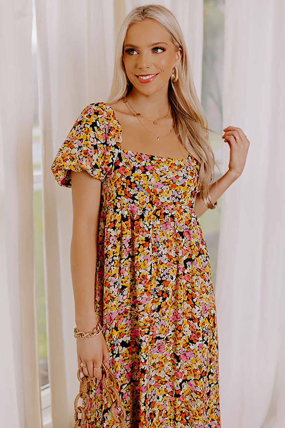 Puff Sleeve Square Neck Open Back Floral Midi Dress