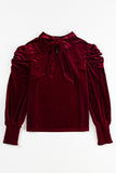 Red Mock Neck Puff Sleeve Velvet Blouse